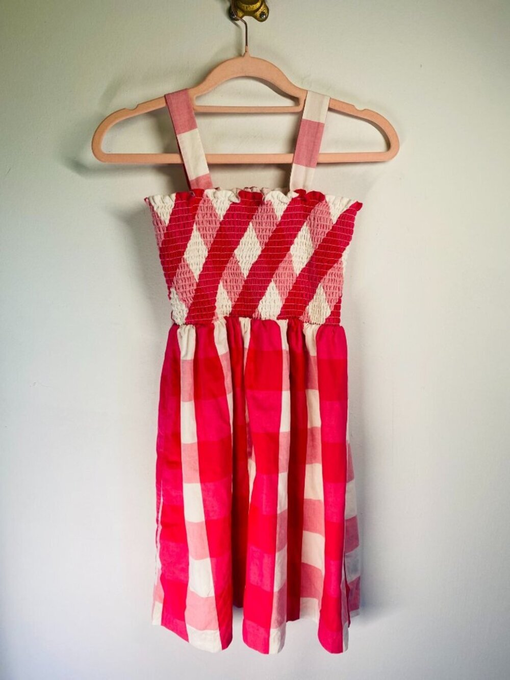 Girls Pink & White Checkered Sundress With Smocked Top & Straps Size 12